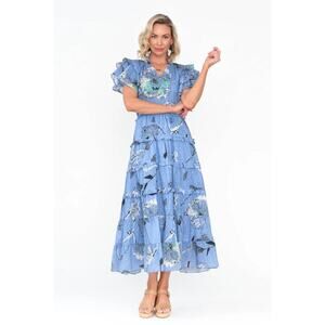 Maude Vivante Sana Blue Dandelion Cotton Tiered Maxi Dress Boho Cottagecore S